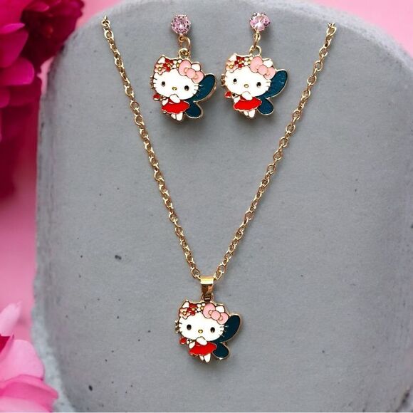 Hello Kitty Red Dress Fairy Earrings And Necklace Set - Picture 1 of 1
